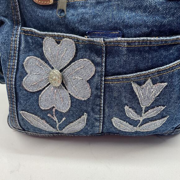 Y2K Upcycled Vintage Handmade Denim Shoulder Bag With Floral Embroidery - Picture 4 of 15